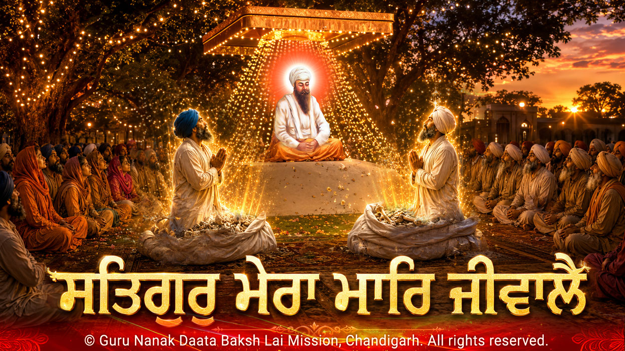 ਸਤਿਗੁਰੁ ਮੇਰਾ ਸਰਬ ਪ੍ਰਤਿਪਾਲੈ ॥ ਸਤਿਗੁਰੁ ਮੇਰਾ ਮਾਰਿ ਜੀਵਾਲੈ ॥ <br/>Satgur Mera Sarab PritPalai, Satguru Mera Maar Jeevalain