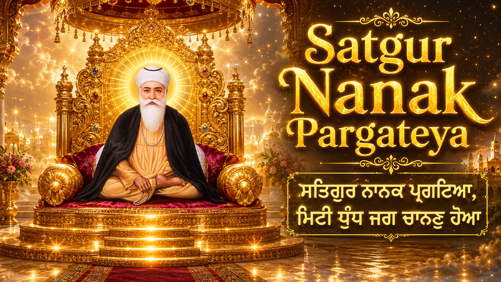 ਸਤਿਗੁਰ ਨਾਨਕ ਪ੍ਰਗਟਿਆ, ਮਿਟੀ ਧੁੰਧ ਜਗ ਚਾਨਣੁ ਹੋਆ <br/>Satguru Nanak Pargateya Miti Dhund Jag Chanan Hoya